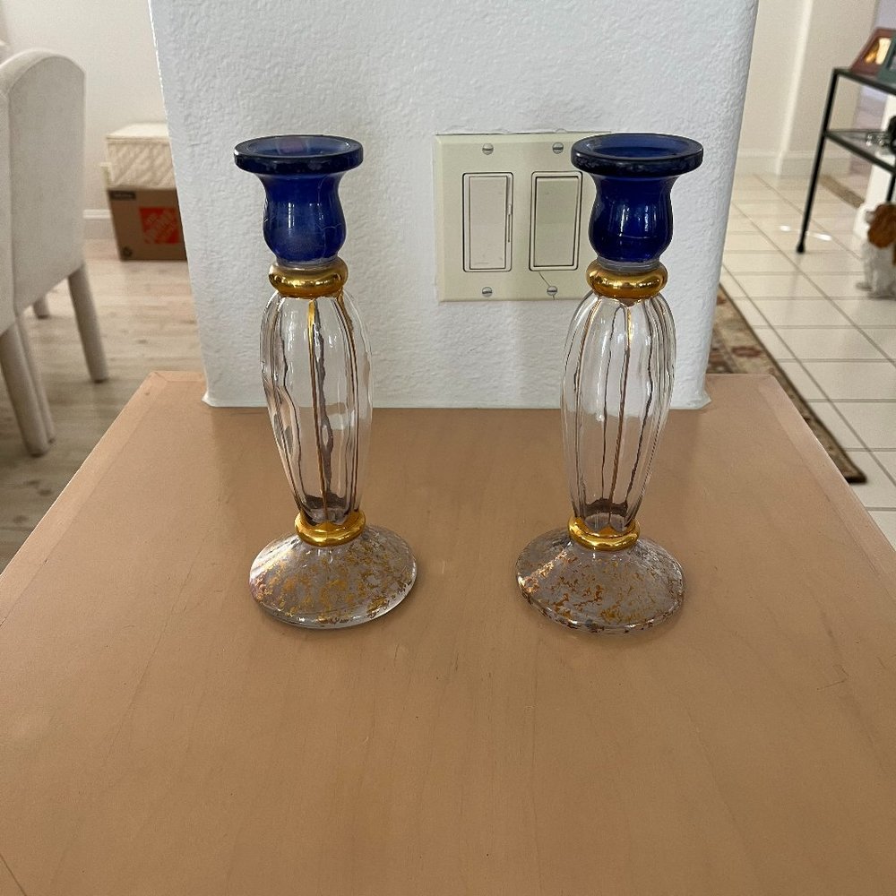 Pair of Cristellarie Made in Italy candlesticks Glass with blue and gold